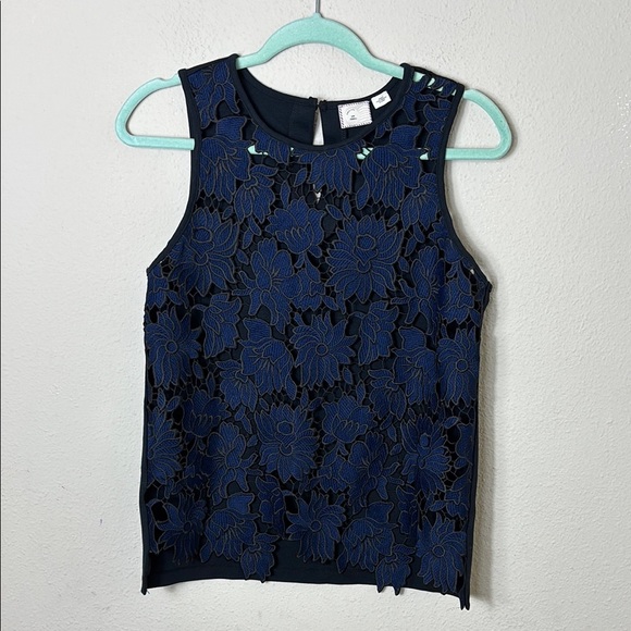 Anthropologie Postage Stamp Koria Blue Black Lace Sleeveless Top XS - Picture 1 of 8